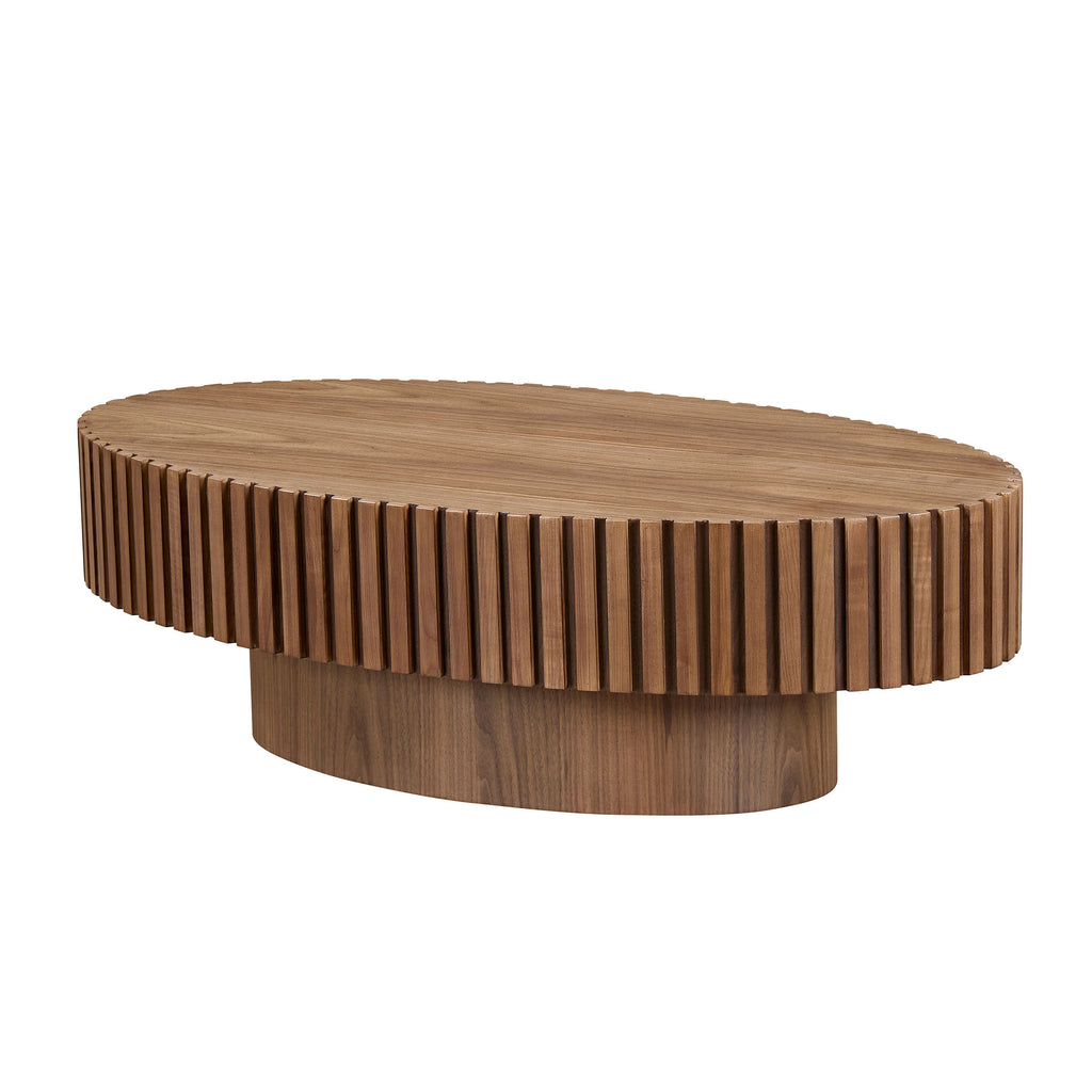 Modern Handcraft Drum Coffee Table Length 43.7 Inch Ellipse Coffee Table For Living Room,Oval Small Coffee Table With Sturdy Pedestal,Walnut MDF