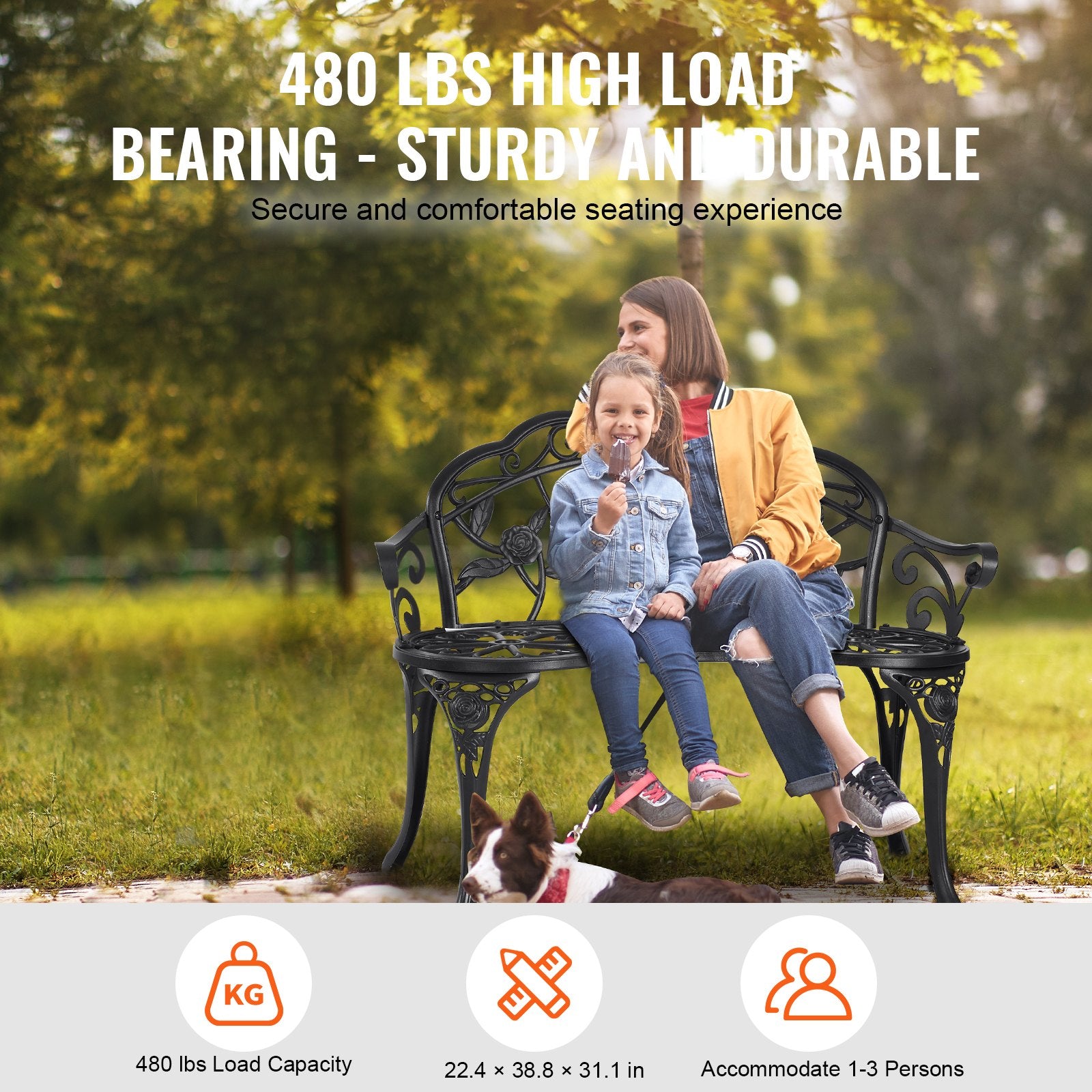Banc extérieur, Banc métallique de 38,8 pouces pour jardin, capacité de charge 480 lbs, Banc de jardin extérieur avec dossier et accoudoirs, Banc de terrasse pour jardin, parc, cour et porche