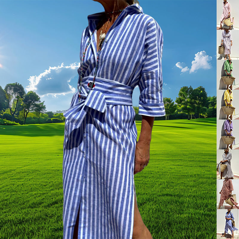 Robe Chemise Rayée Avec Ceinture, Manches Mi-longues, Col Revers, Boutons – Vêtement Femme Élégant