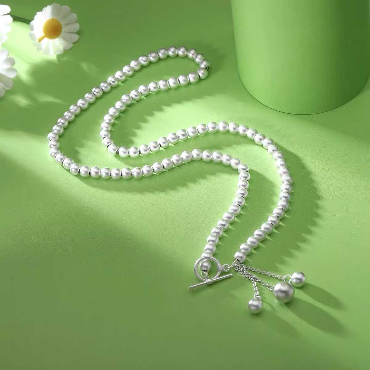 Collier à pampilles avec fermoir OT perlé en argent sterling 925, style minimaliste, pour un port quotidien décontracté et cadeau femme