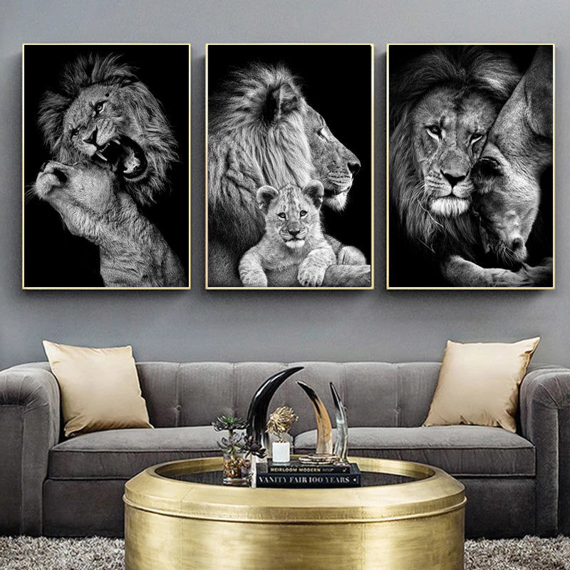 Affiche de Famille de Lions Noir et Blanc Impression sur Toile