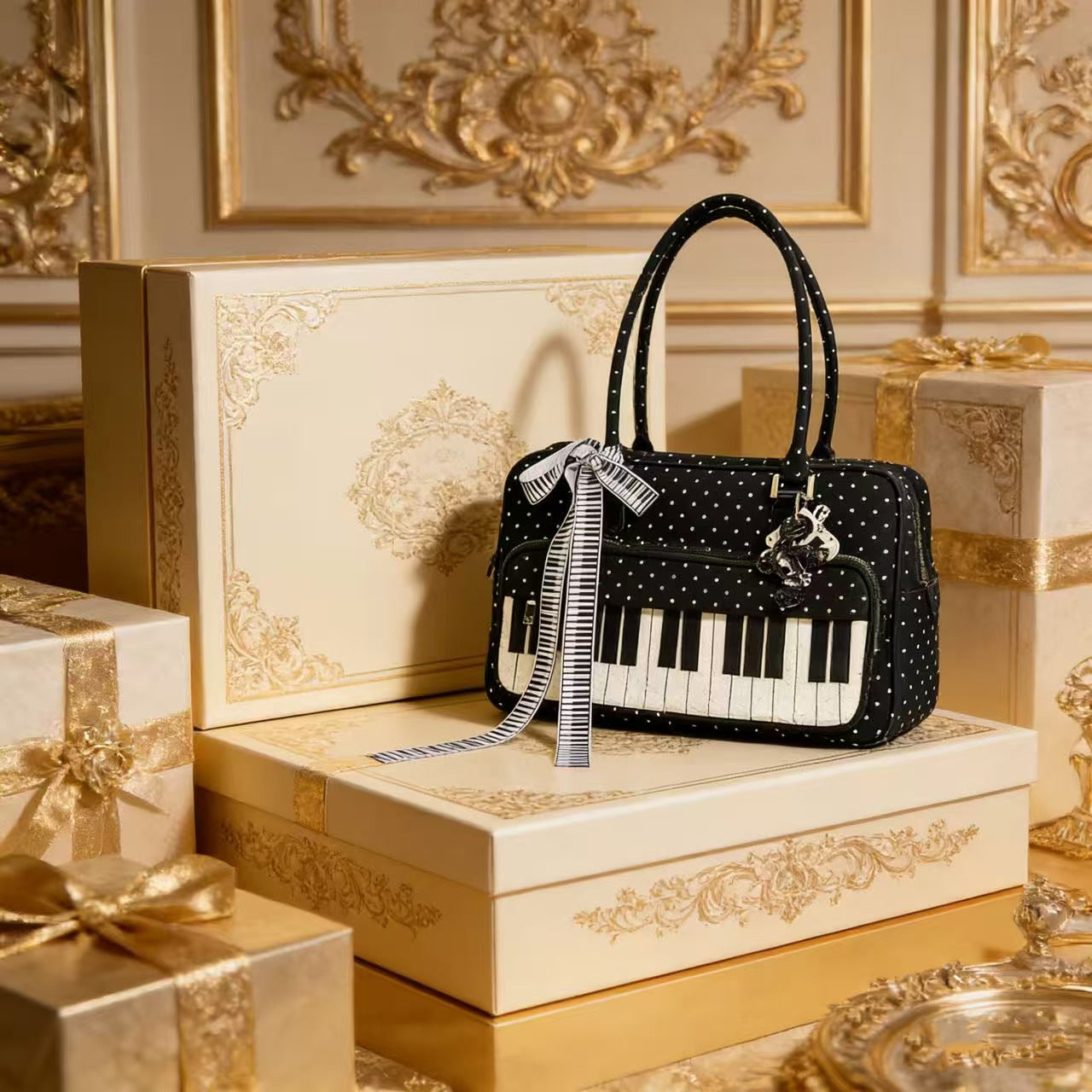 Sac à Épaule Léger Abeibi Noir et Blanc à Pois Motif Touches de Piano