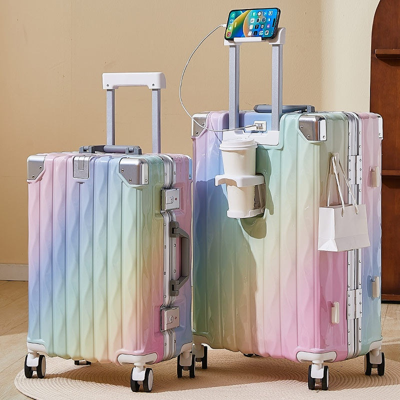 Valise rigide à cadre en aluminium, colorée et tendance, sans fermeture éclair, serrure TSA, porte-gobelet avec interface USB, boîte de voyage robuste à cadre en aluminium, coffre à code durable