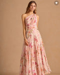 Robe longue sans manches à taille marquée avec imprimé floral asymétrique épaule dénudée