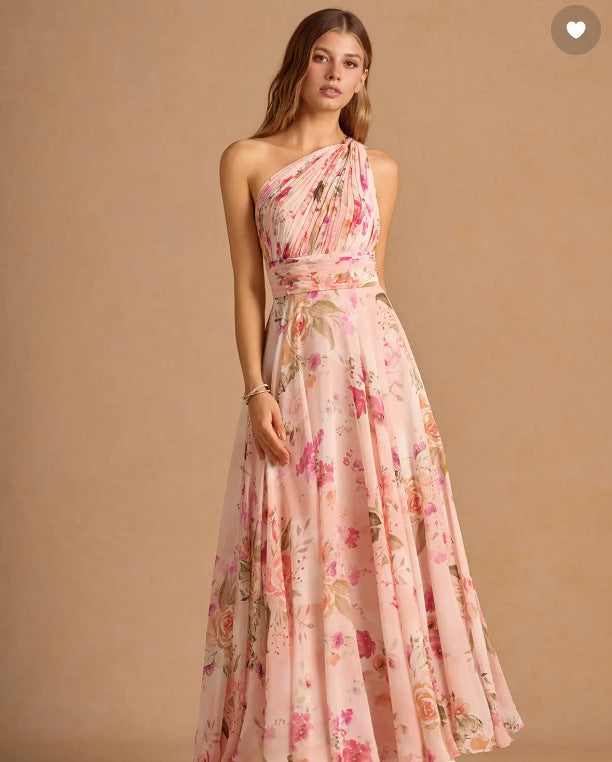Robe longue sans manches à taille marquée avec imprimé floral asymétrique épaule dénudée