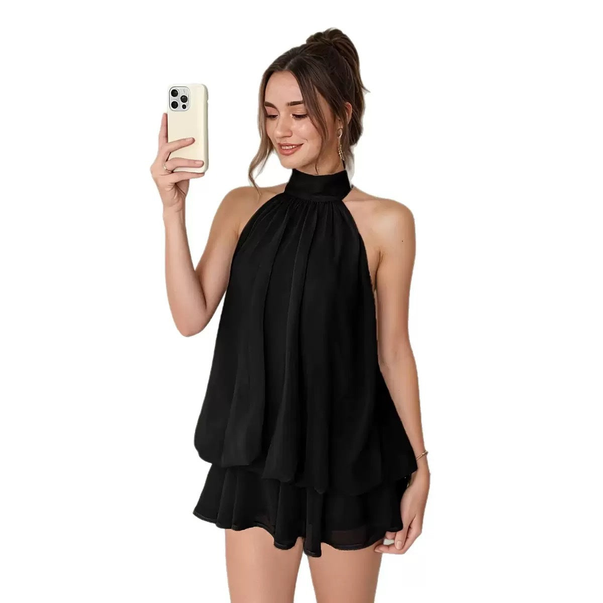 Robe Dos Nu en Mousseline à Longueur Mi-thé avec Jupe Évasée Audacieuse