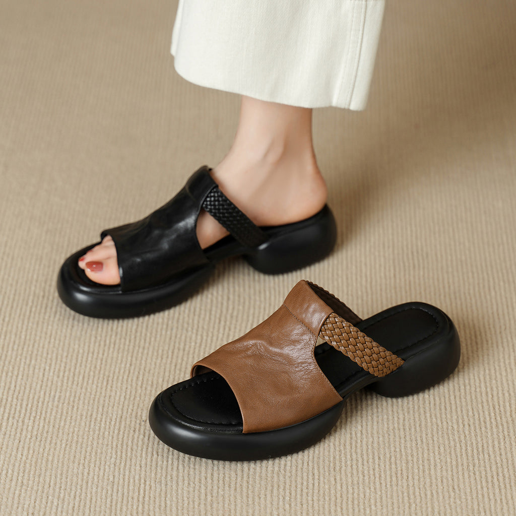Sandales plates-formes tissées pour femmes, ouvertes, en cuir de mouton pleine fleur fait main