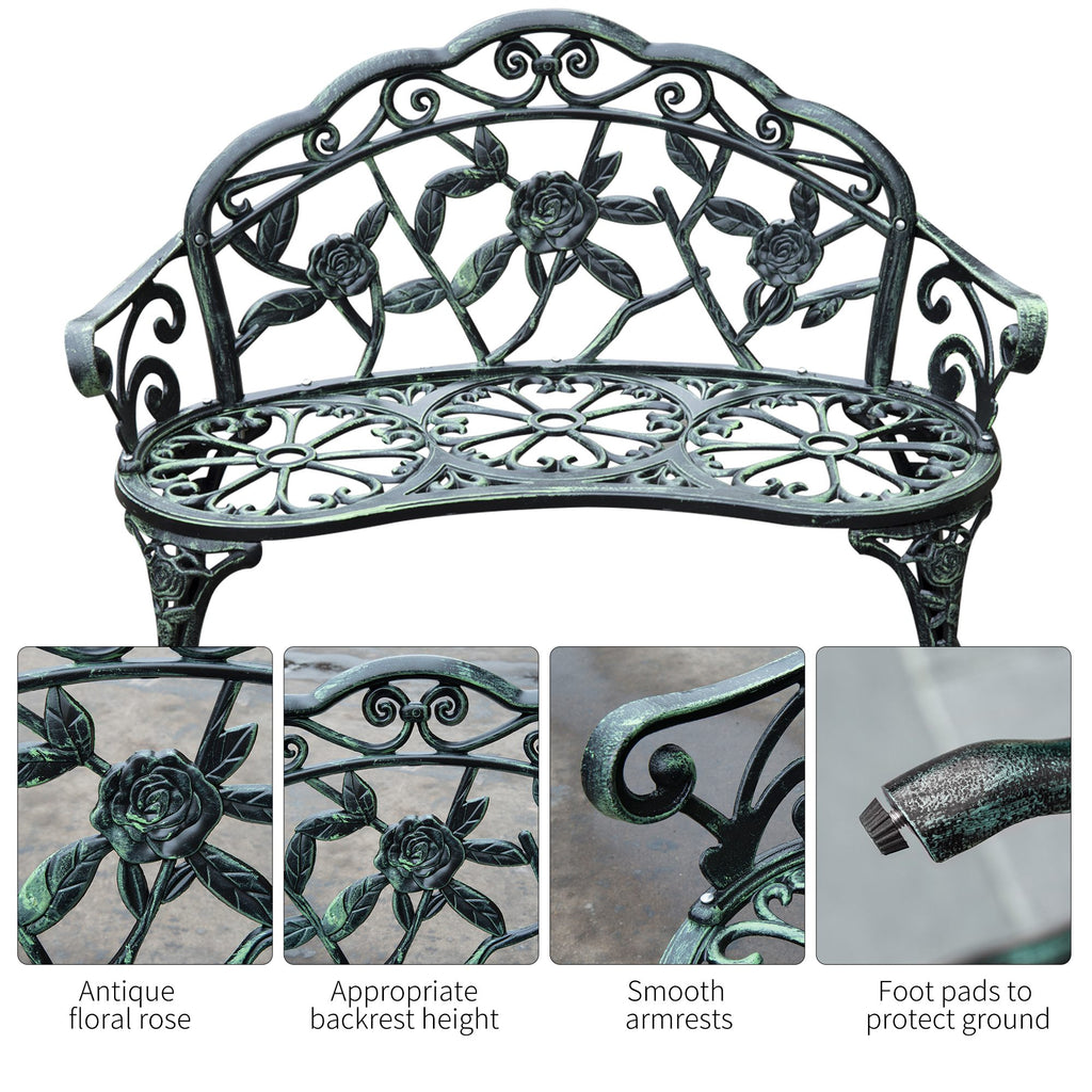 Outdoor Bench, Cast Aluminum Outdoor Furniture, Metal Bench with Floral Rose Accent & Antique Finish, Green