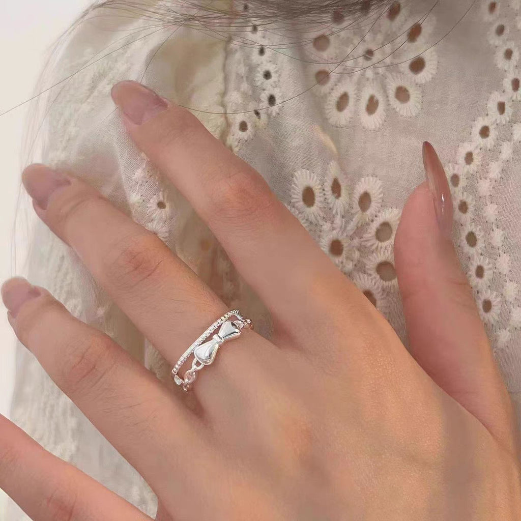 Bague Ouverte Double Couches en Argent Sterling 999, Noeud Élégant et Doux, Idéale Quotidien, Rendez-vous et Cadeau, Parfaite Pour la Saint-Valentin