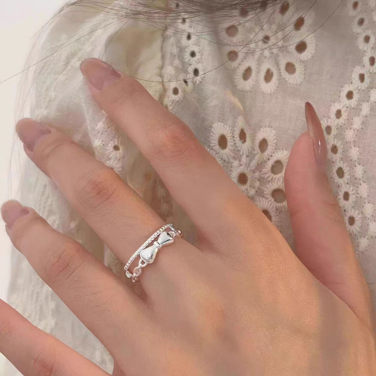 Bague Ouverte Double Couches en Argent Sterling 999, Noeud Élégant et Doux, Idéale Quotidien, Rendez-vous et Cadeau, Parfaite Pour la Saint-Valentin