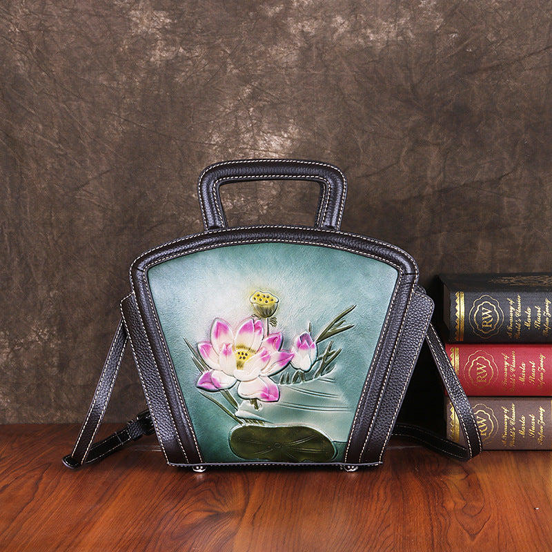 Sac femme en cuir pleine fleur vintage polyvalent à motif embossé élégant