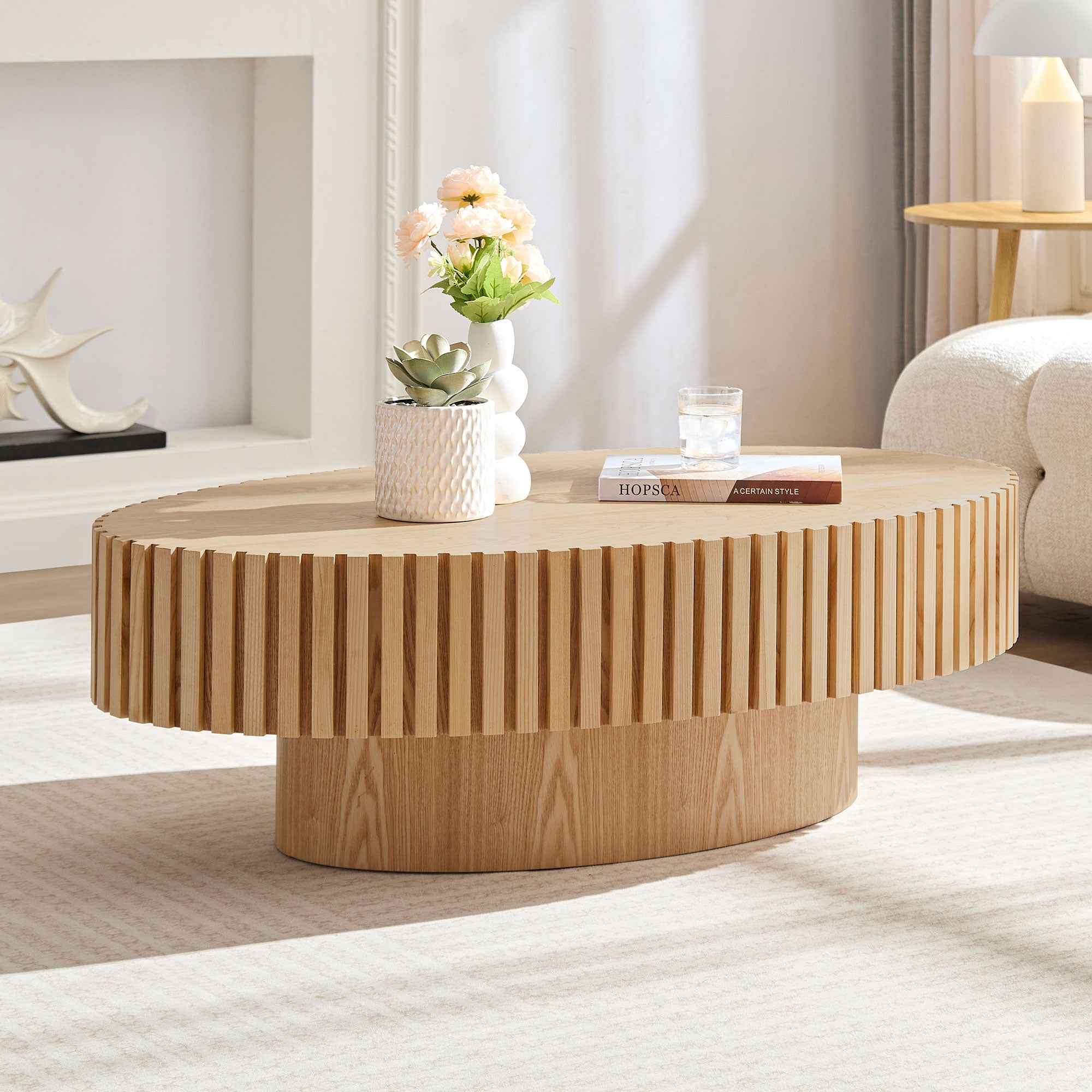 Modern Handcraft Drum Coffee Table Length 43.7 Inch Ellipse Coffee Table For Living Room,Oval Small Coffee Table With Sturdy Pedestal,Natural Ash MDF