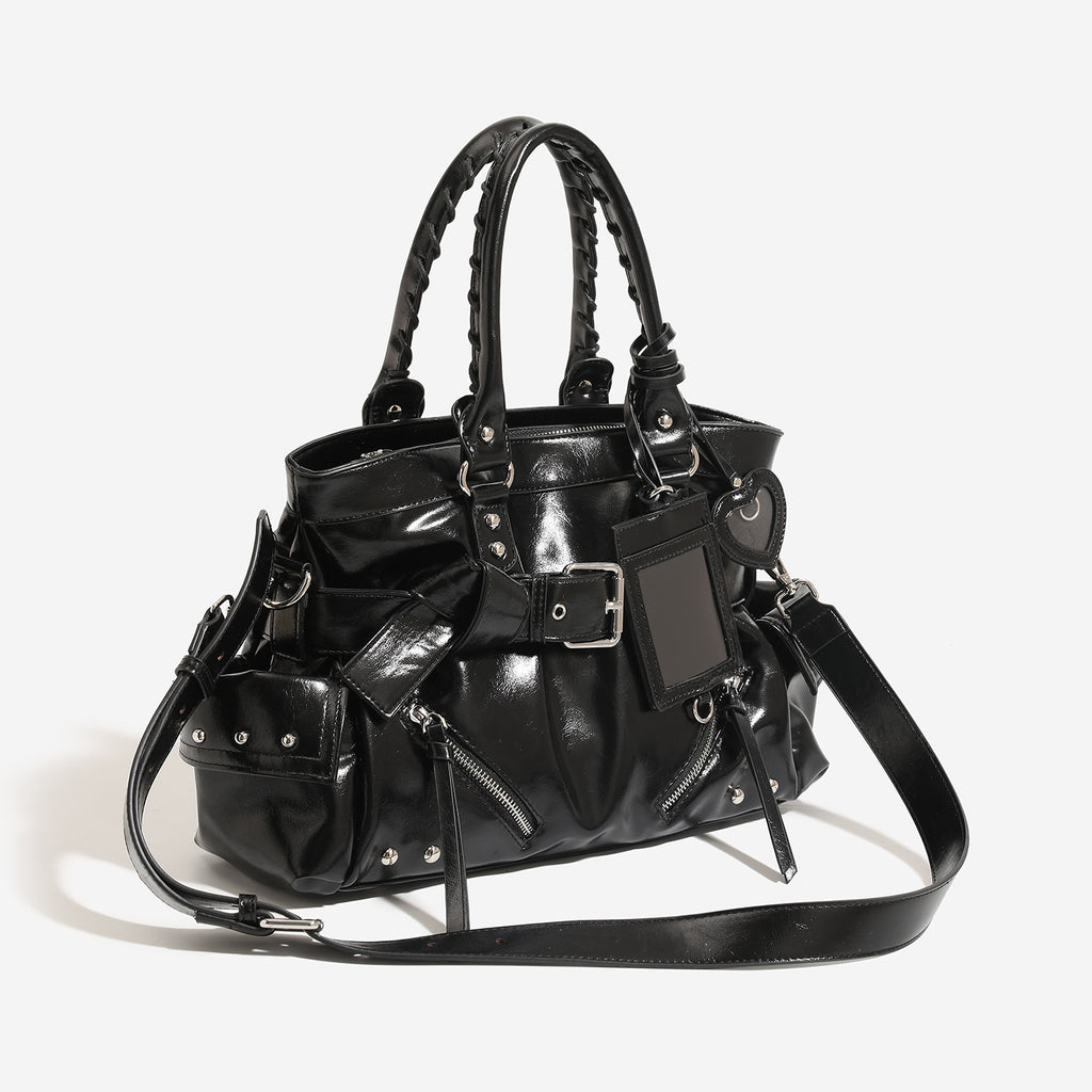 Sac portefeuille porté épaule et bandoulière en PU noir, grand volume, rivets robustes