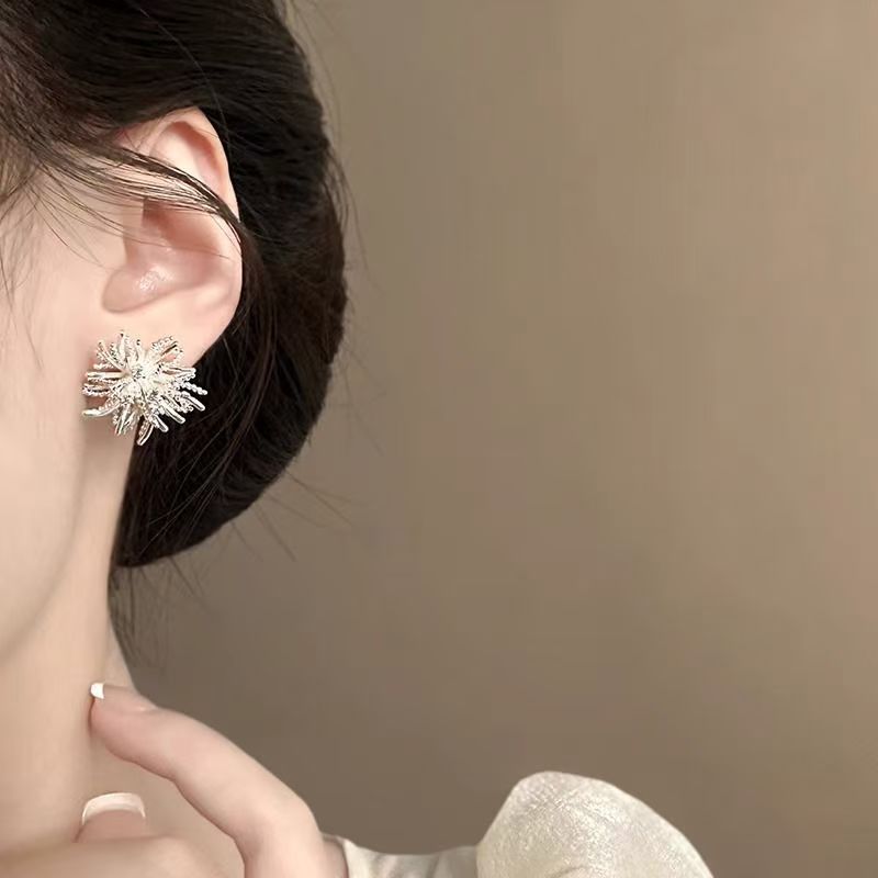 Boucles d'oreilles Puces Feu d'artifice en Argent Pur S999, Pissenlit de Luxe à Design Unique