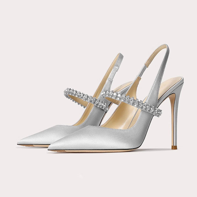 Escarpins à bout fermé ornés de strass, bride unique en cuir véritable pour femmes