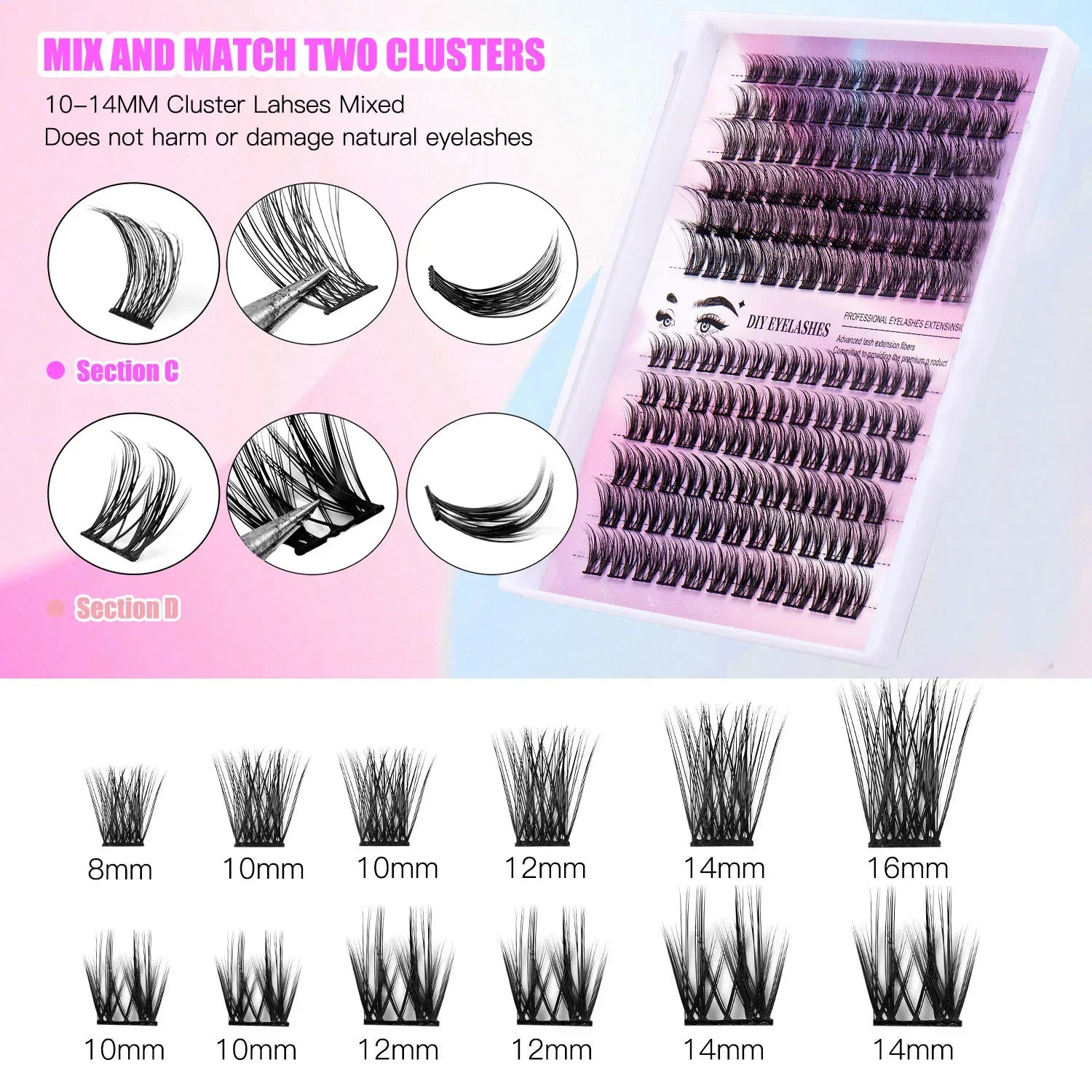 12 Rangées de 150 Extensions de Cils en Groupes pour un Regard Intense et Sublimé