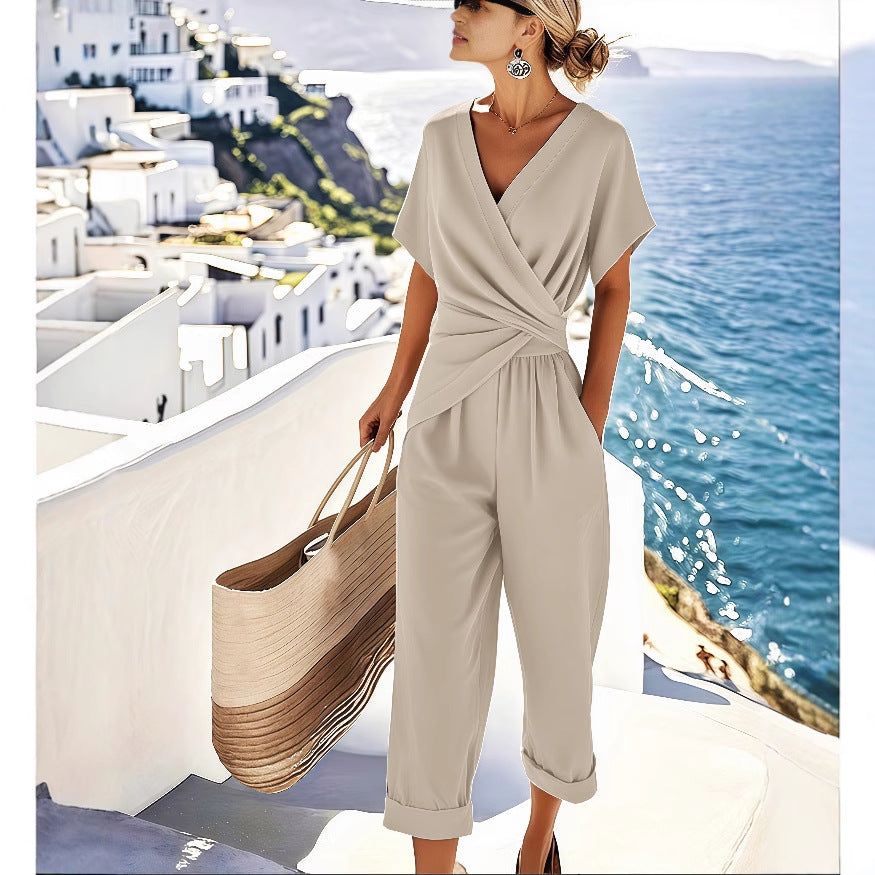 Ensemble Femme Deux Pièces Couleur Unie Mode Manche Courte Irrégulière Été