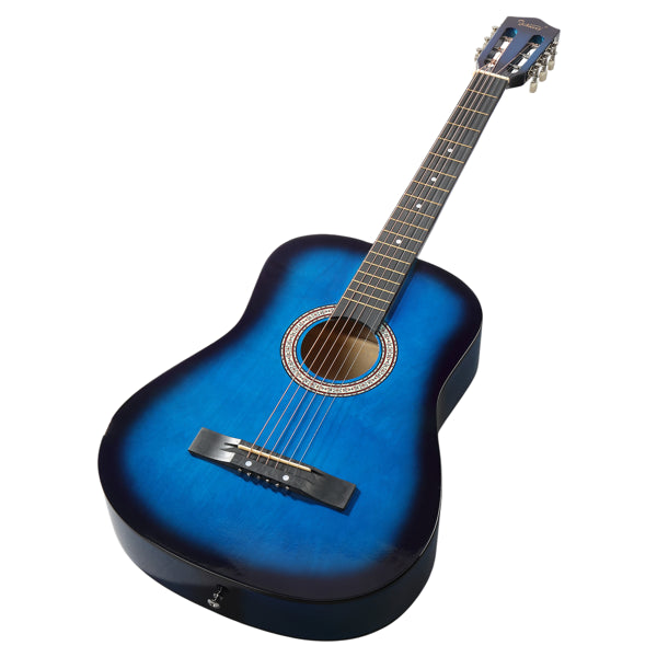 Guitare acoustique ronde bleue de 38 pouces avec médiators, cordes, capo, étui, accordeur et sangle