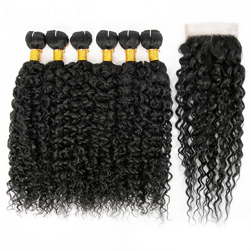 Perruque en cheveux humains, ensemble mixte 7 pièces, petites boucles rideau naturel