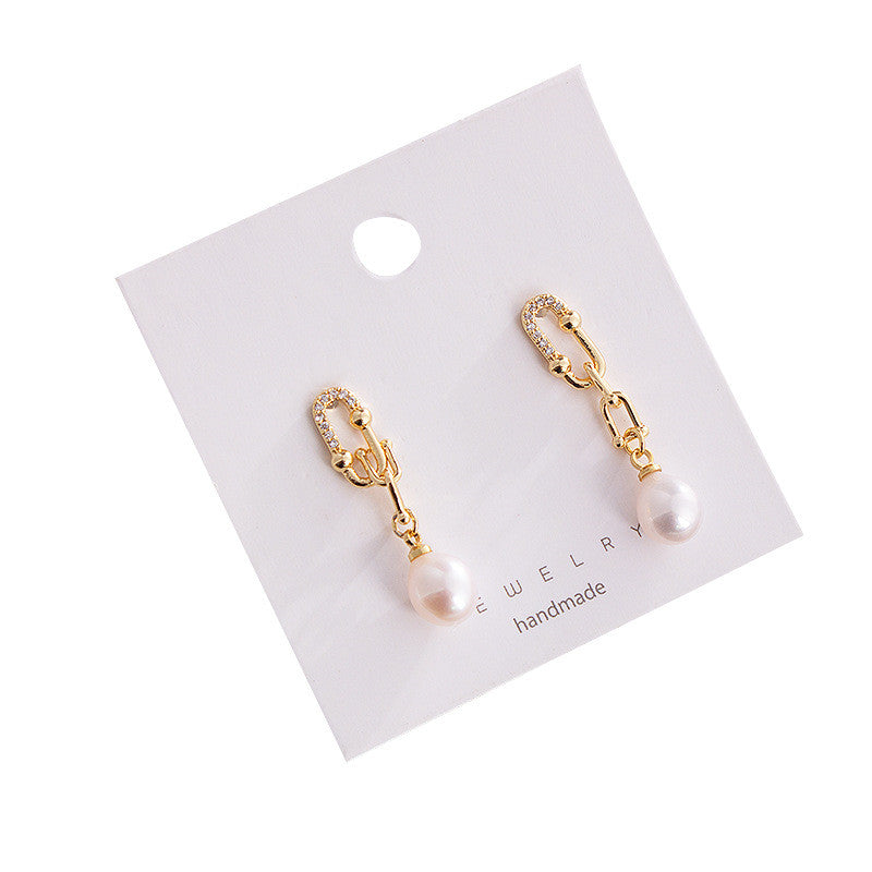 Boucles d'oreilles rétro à perle d'eau douce naturelle, fermoir fer à cheval, clous en argent S925