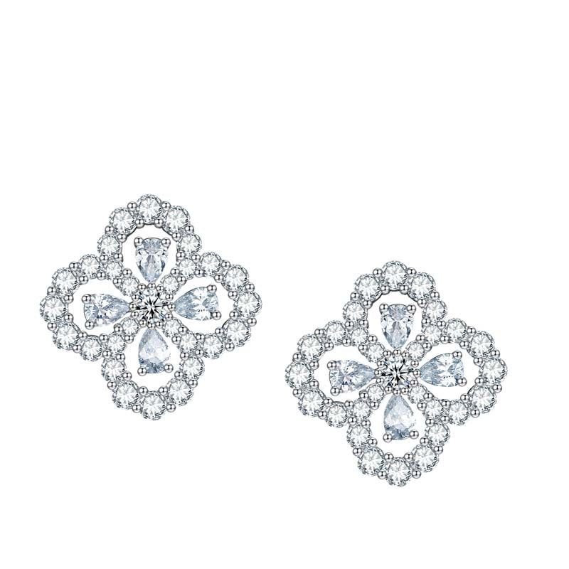 Boucles d'Oreilles Clous Fleur Trèfle Taille Poire Moissanite Argent 925 Plaqué Platine, Certificat GRA, Coffret Cadeau Femme