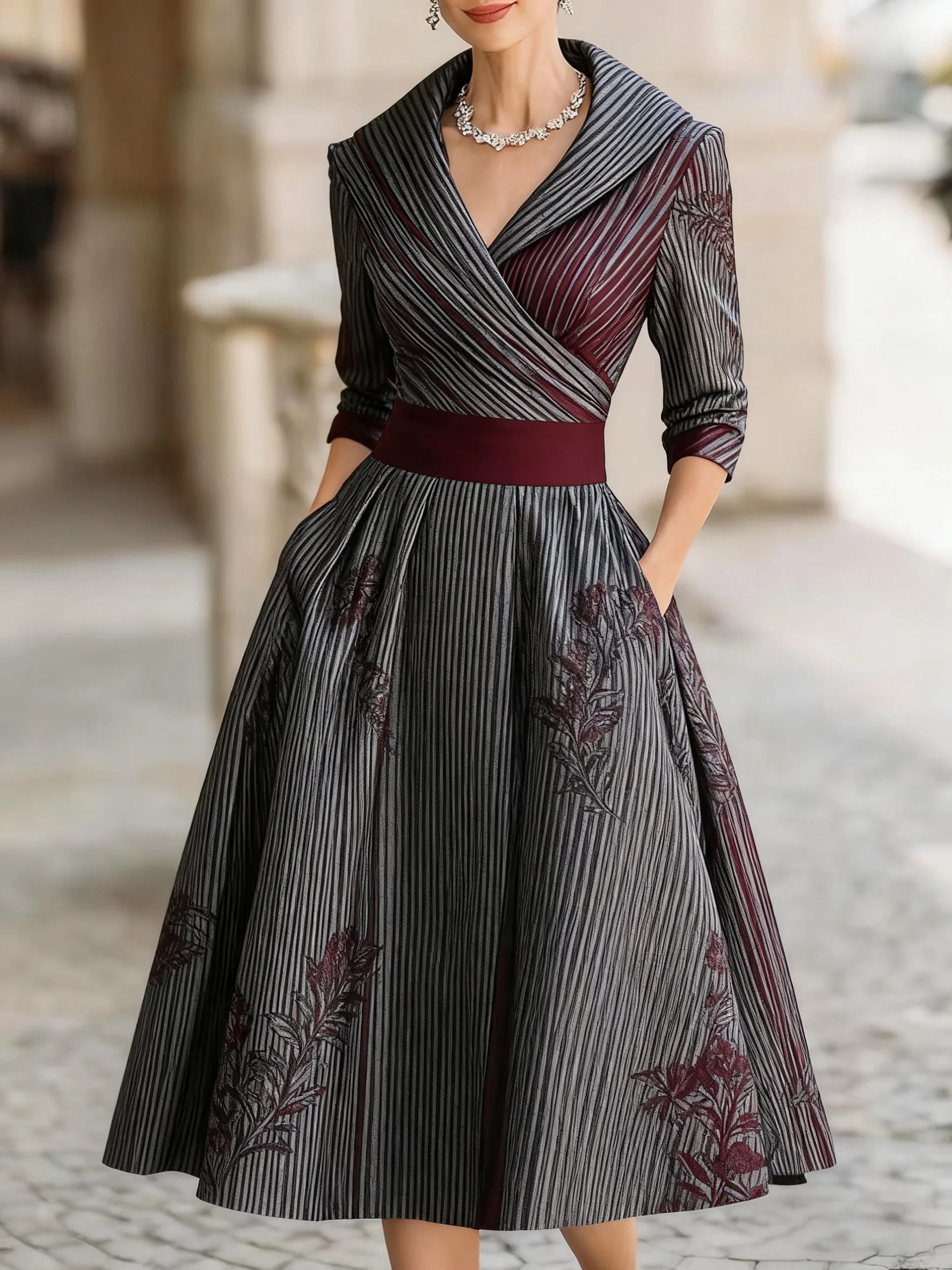 Robe élégante cintrée à taille haute, manches longues, coupe asymétrique raffinée