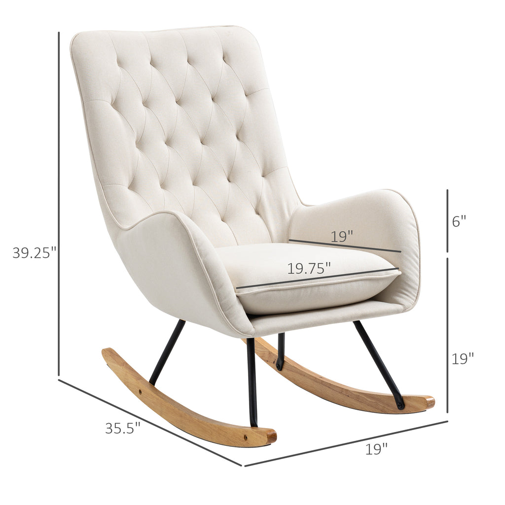 Fauteuil à bascule en tissu style milieu du siècle, fauteuil convertible capitonné à oreilles avec siège rembourré, base en bois d’hévéa pour maison, studio, chambre, salon, blanc crème