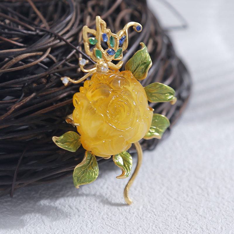 Broche Naturelle en Cire d'Abeille Argent S925 Richesse et Prospérité Pivoine