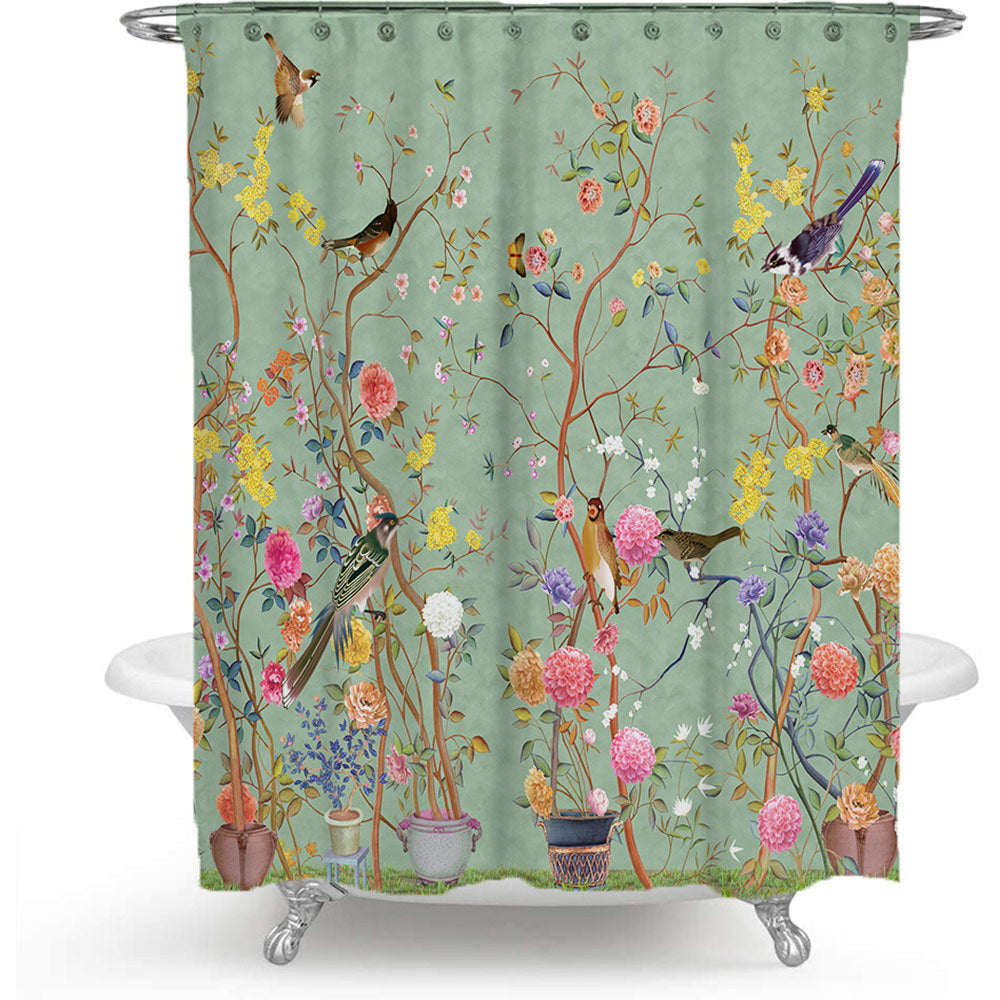 Ensemble de rideau de douche imperméable en polyester imprimé fleurs et oiseaux verts