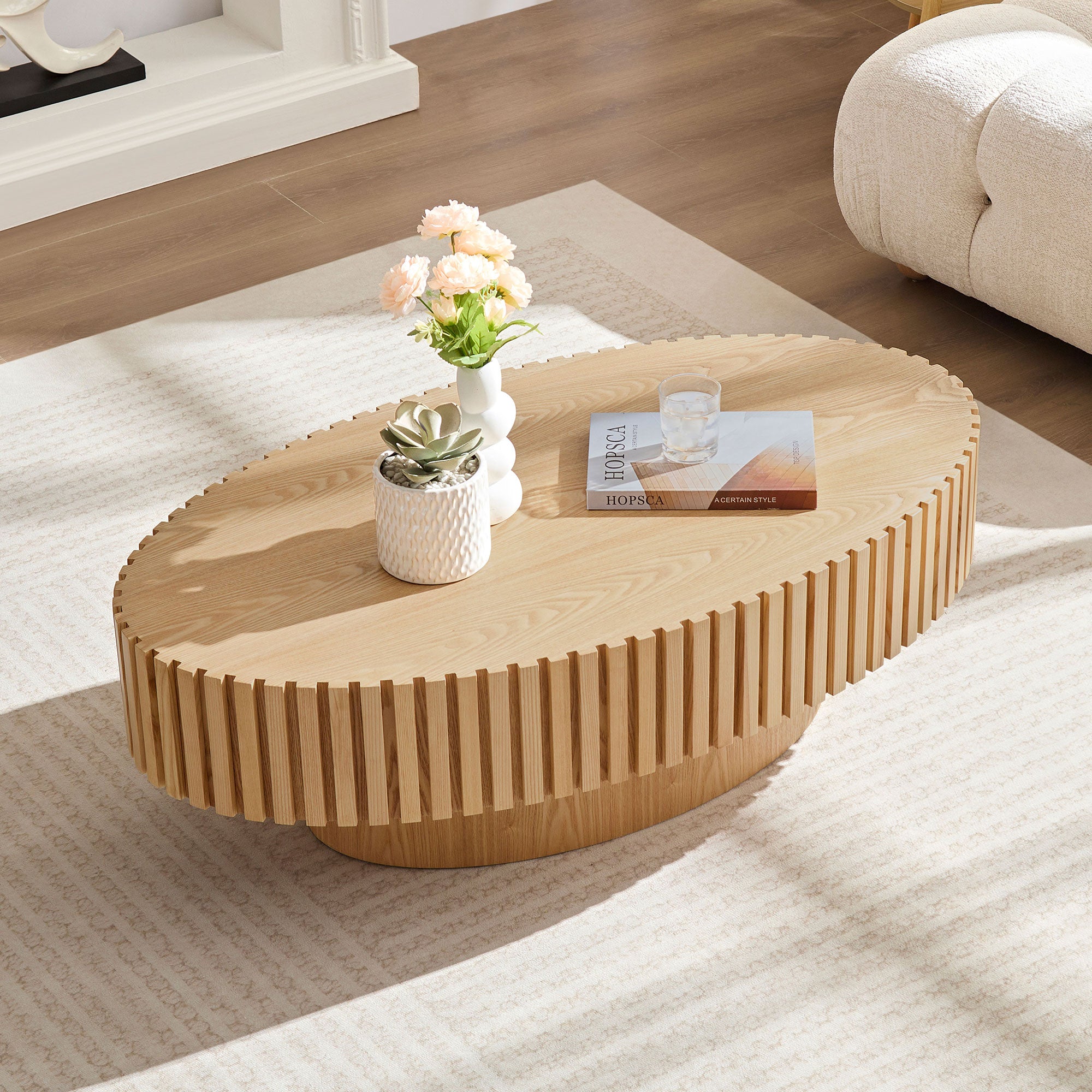 Modern Handcraft Drum Coffee Table Length 43.7 Inch Ellipse Coffee Table For Living Room,Oval Small Coffee Table With Sturdy Pedestal,Natural Ash MDF
