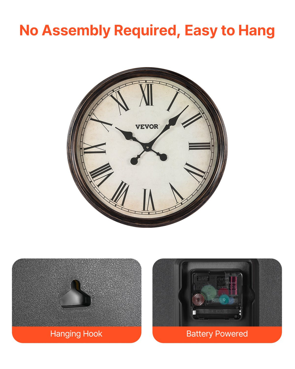 Horloge Murale, Horloge Murale 20 pouces, Chiffres Romains, Alimentation par Pile, Silencieuse sans Tic-Tac, Classique Déco Rond, Pour Salon Chambre Bureau Cuisine Salle à Manger Déco Maison Farmhouse, Marron