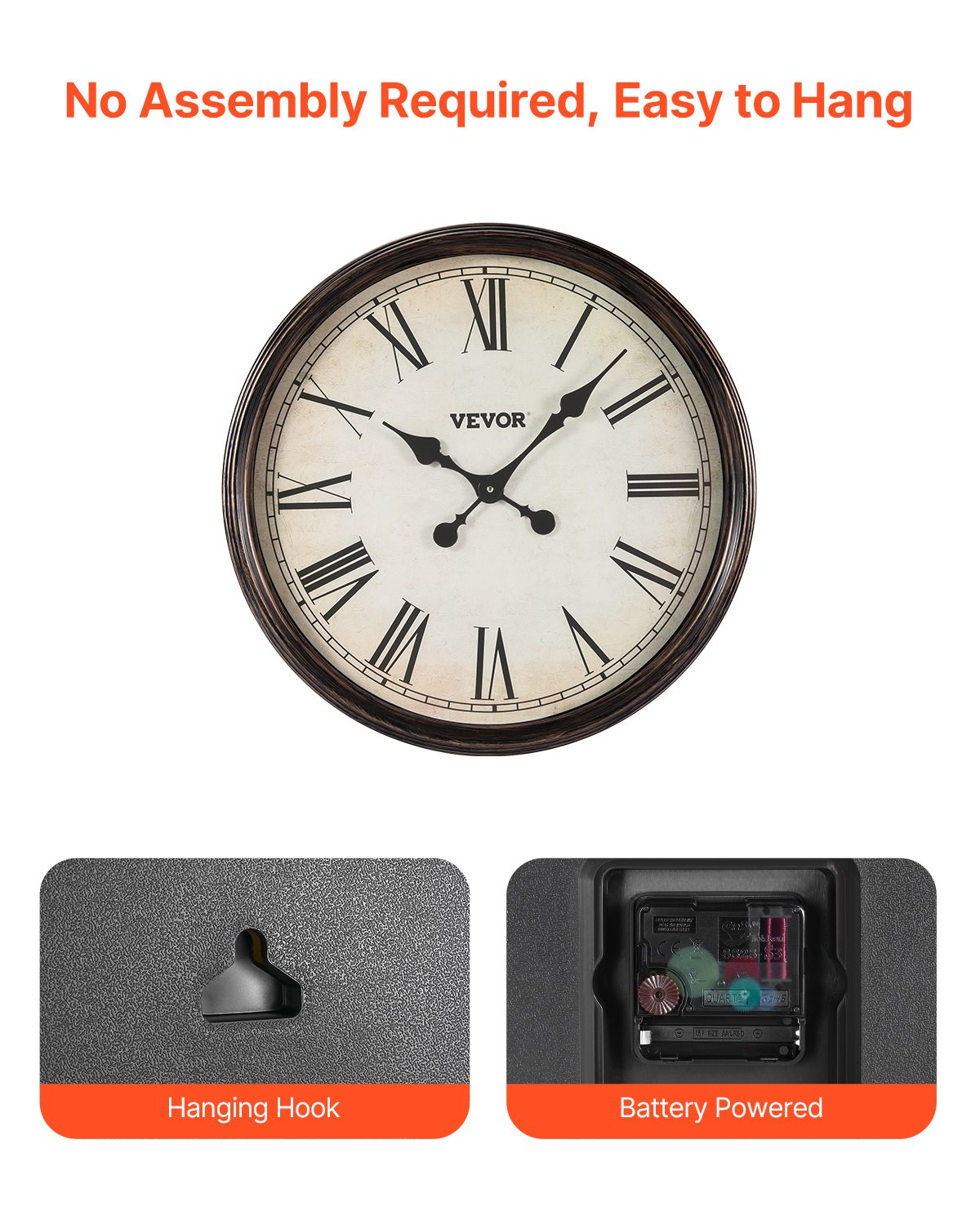 Horloge Murale, Horloge Murale 20 pouces, Chiffres Romains, Alimentation par Pile, Silencieuse sans Tic-Tac, Classique Déco Rond, Pour Salon Chambre Bureau Cuisine Salle à Manger Déco Maison Farmhouse, Marron