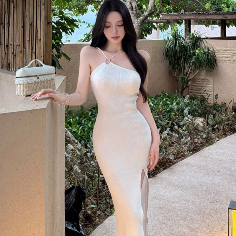 Robe tricotée sans manches style français à col licou pour femme, élégante