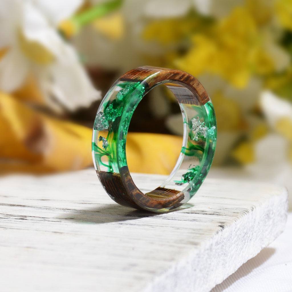 Bague en Résine en Bois Artisanale DIY avec Fleurs Séchées pour le Commerce Étranger Transfrontalier