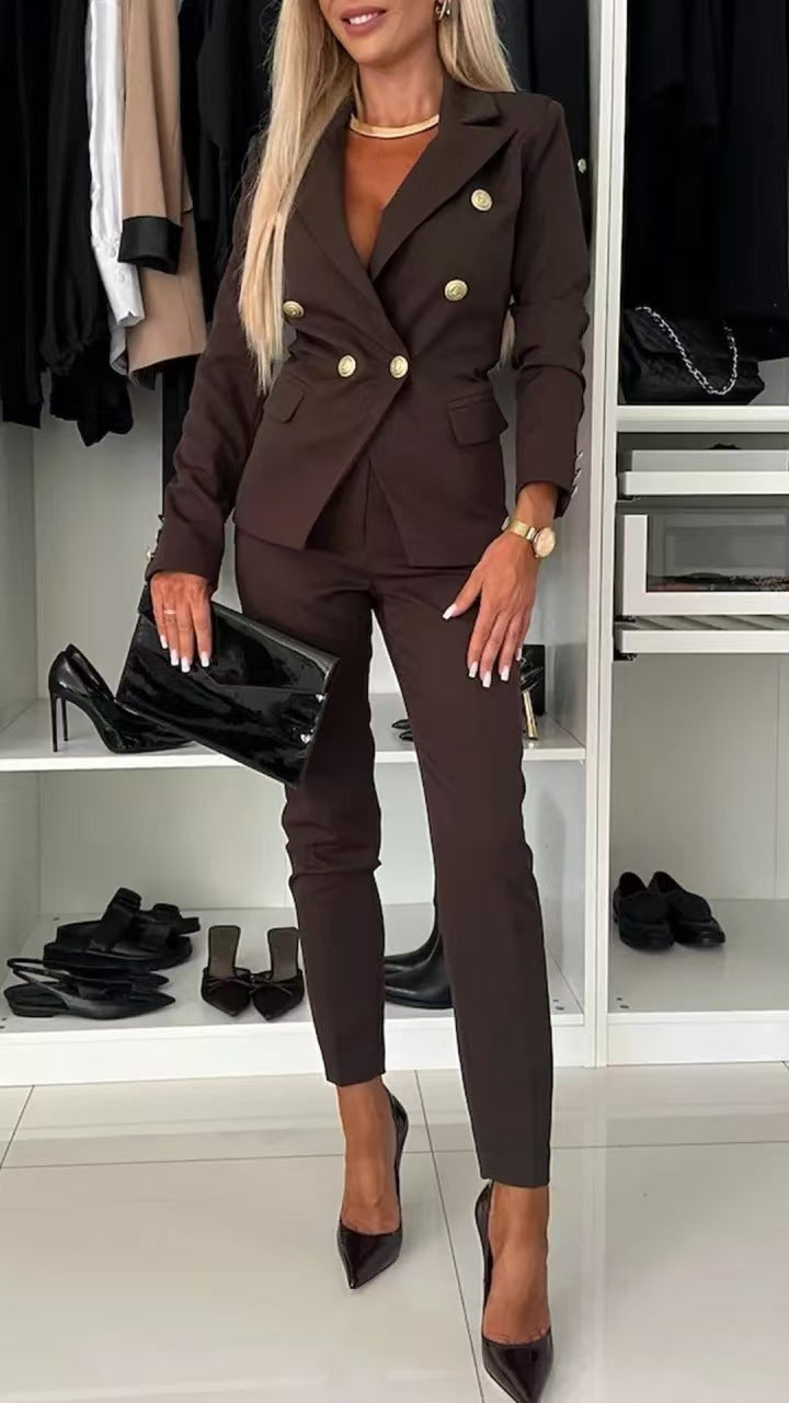 Nouveau ensemble bureau femme : veste boutonnée col revers et pantalon slim casual