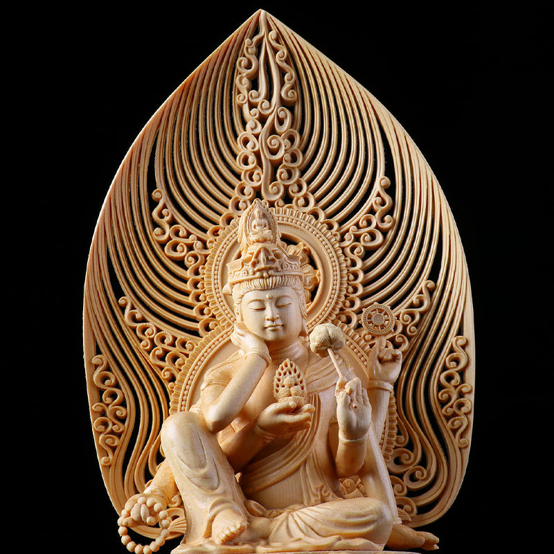 Ornement Guanyin Finement Sculpté en Cyprès Chinois