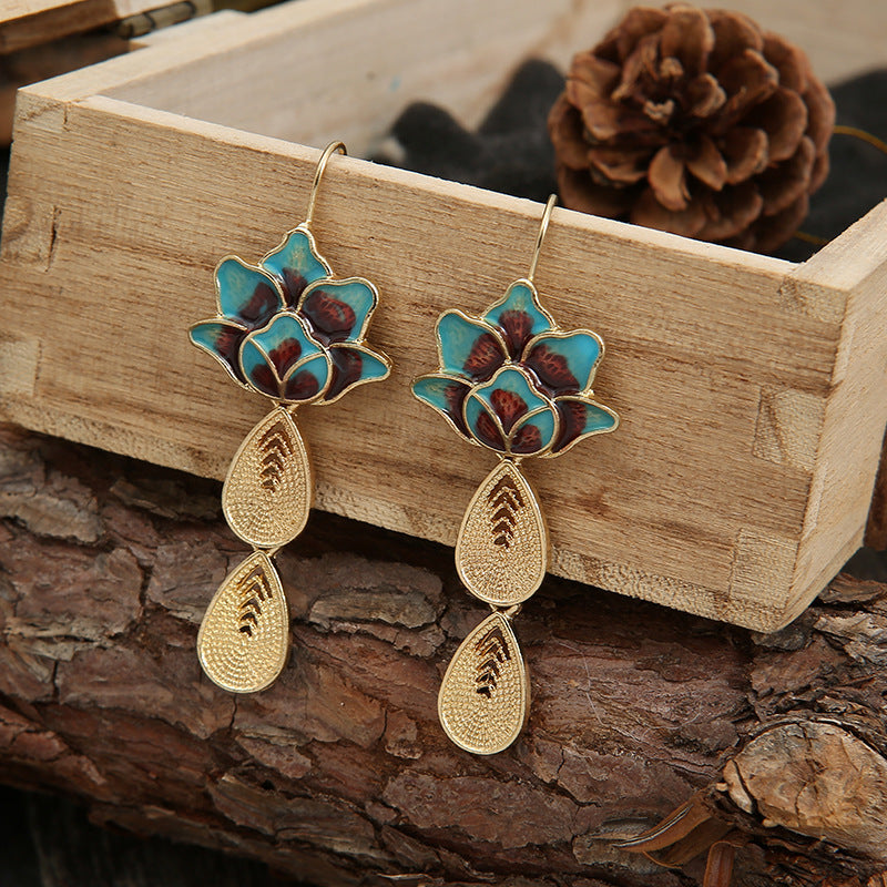Boucles d'oreilles vintage en soie bleu brûlé avec goutte d'eau lotus élégante pour femmes