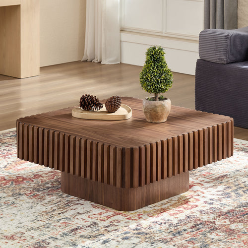 31.5 Inch Modern Handcraft Drum Coffee Table Square Coffee Table For Living Room,Small Wooden Coffee Table With Sturdy MDF Pedesta,Walnut Color