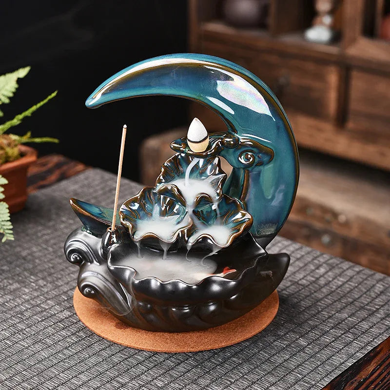 Brûleur d'Encens à Reflux en Forme de Lune Support Fumée Cascade Tiges d'Encens Décor Maison