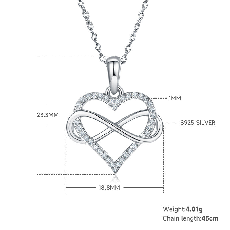 Collier Infini Cœur en Argent Sterling S925 4g, Pendentif Moissanite 36 Pierres 45cm, Plaqué Platine, Coffret Cadeau Romantique Femme