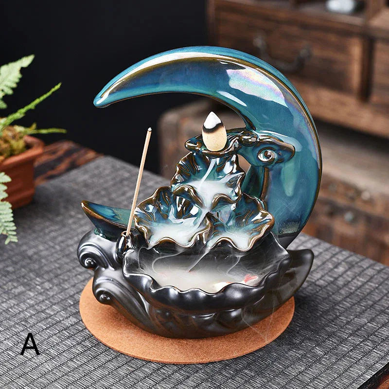 Brûleur d'Encens à Reflux en Forme de Lune Support Fumée Cascade Tiges d'Encens Décor Maison - IVOIRART.COM