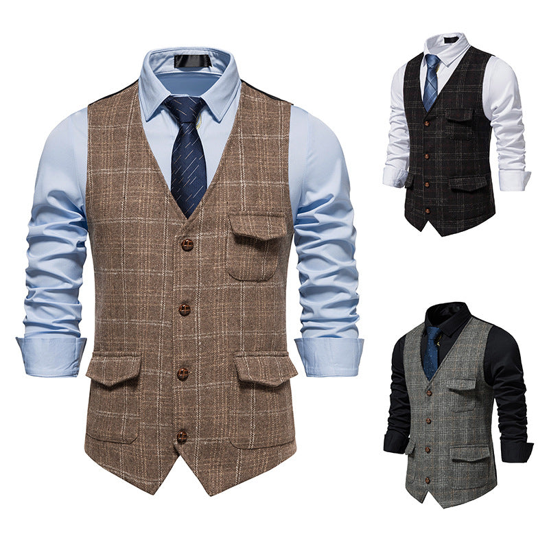 Gilet Vintage Homme en Tweed à Carreaux, Coupe Slim, Coton Mélangé Gris