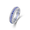 Bague Eternité à 3 Rangées S925 Argent Sterling 3,6g Saphirs Bleus Synthétiques & Pierres Blanches, Plaquée Platine, Bague de Promesse Femme, Coffret Cadeau Bijoux