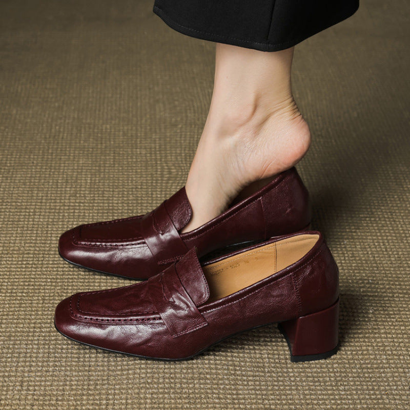 Escarpins à talon moyen unis pour femme, bout carré rétro en cuir véritable