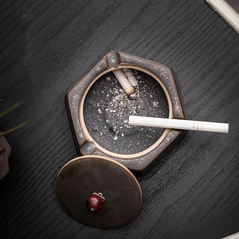 Cendrier en céramique vintage de style japonais avec couvercle, coupe-vent et anti-volatilité