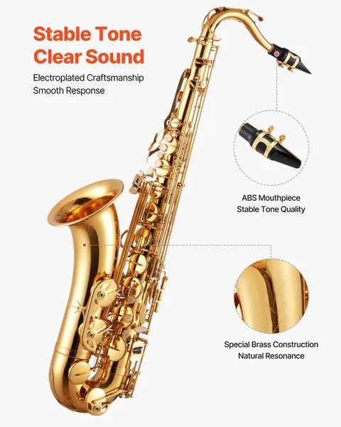 VEVOR Tenor Saxophone, B Flat, Professional Brass Saxophone Beginner Kit With Carrying Case, Mouthpiece, Straps, Cleaning Cloth, Gloves, Neck Strap, 23 Keys Tenor Sax Kit, For Beginners Students, Gold