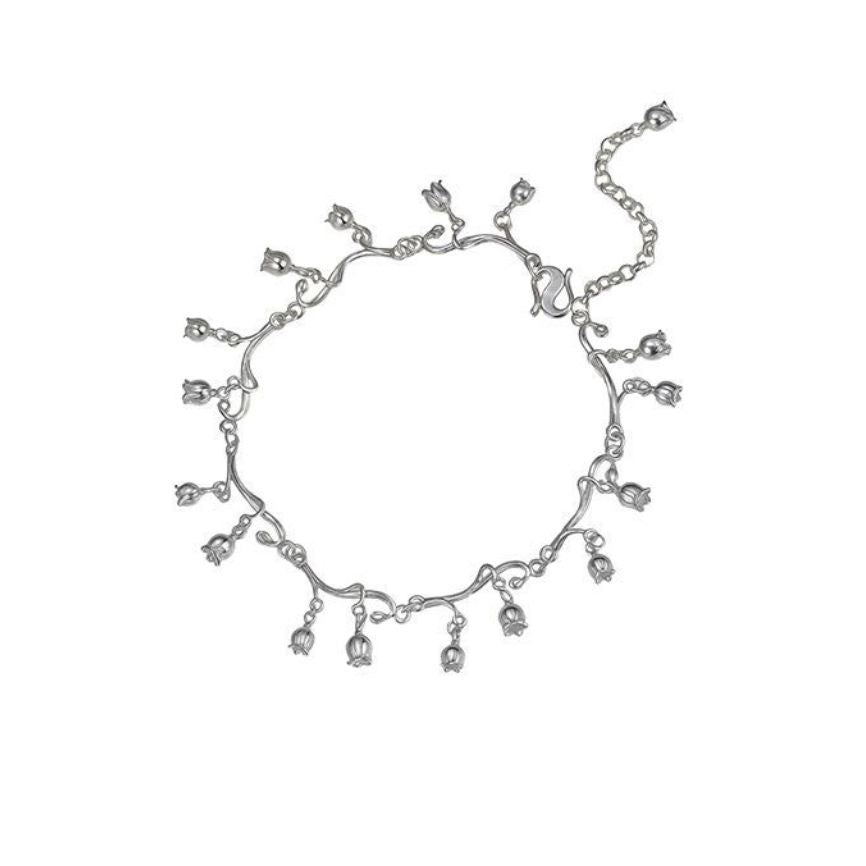 Bracelet de cheville ajustable en argent sterling 999 avec pampille muguet, style fée forêt, pour plage d'été et cadeaux romantiques pour femmes