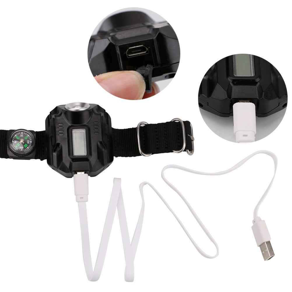 Montre lampe torche LED portable, recharge USB, 4 modes, boussole et afficheur horaire