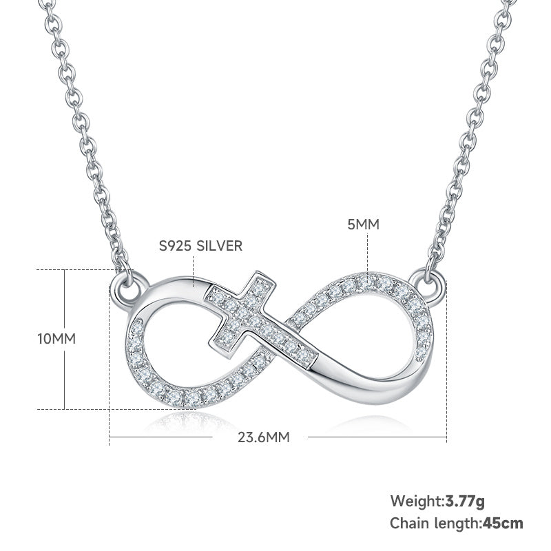Collier Croix Infinie en Argent Sterling S925 3,7g 45cm, Pendentif Moissanite 36 Pierres avec Certificat GRA, Plaqué Platine, Coffret Cadeau