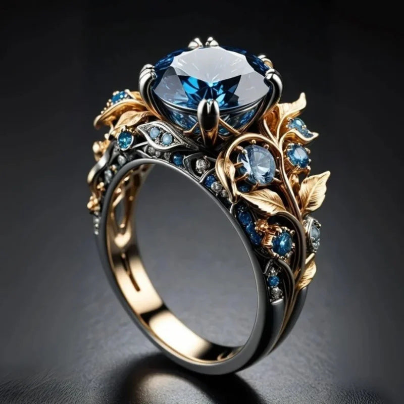 Bague Vintage Bicolore Élégante avec Incrustation de Saphir, Mode Unique